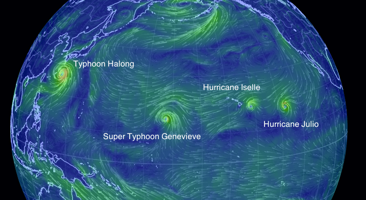 Aug. 7th- Four Hurricanes in the North Pacific  Photo: Global Wind Map 