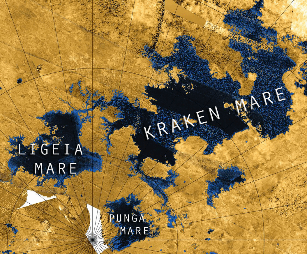 The north polar region of Titan with Mare full of liquid methane. Credit: NASA