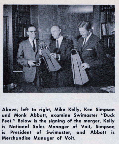 Executives at Swimaster and W.J. Voit Rubber Company examine the wildly popular Giant UDT Duck Feet